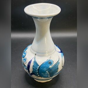 Vintage Artist Signed Handmade Mexican Folk Art Pottery Blue Bird Vase Decor